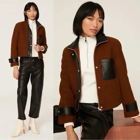 Club Monaco Women's Cropped Leather Combo Jacket Brown Black S - Picture 1 of 5